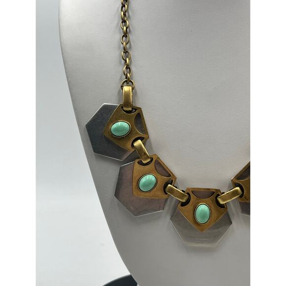 J. Crew Vintage Goldtone Silver Geometric Turquoise Cabochon Egyptian Necklace - Picture 9 of 9